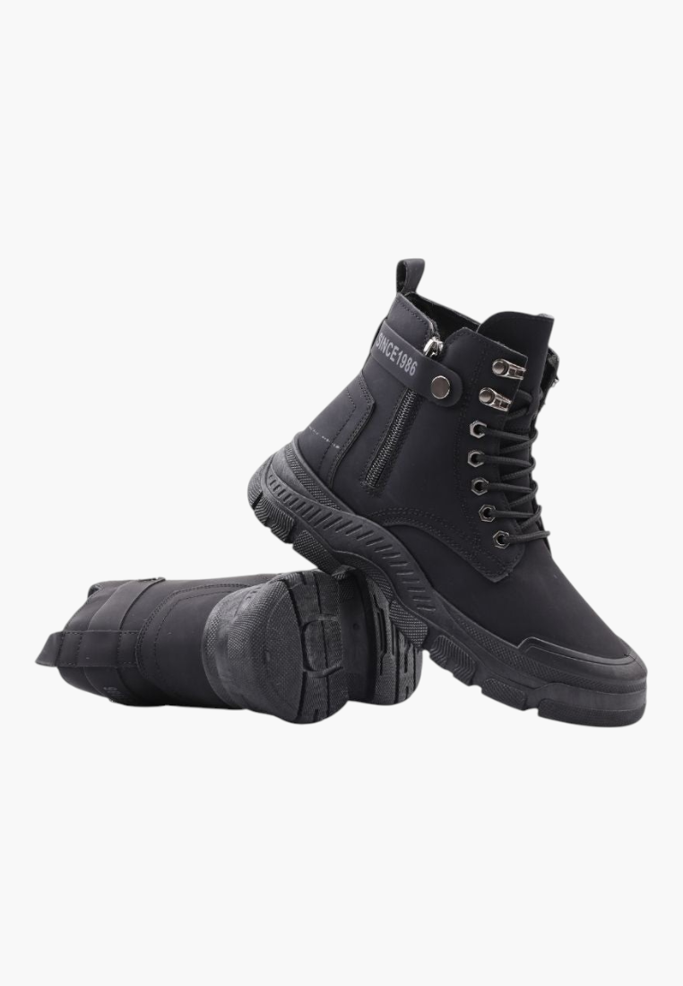 Falio black synthetic nubuck lace-up ankle boots with thick lug soles and side zippers
