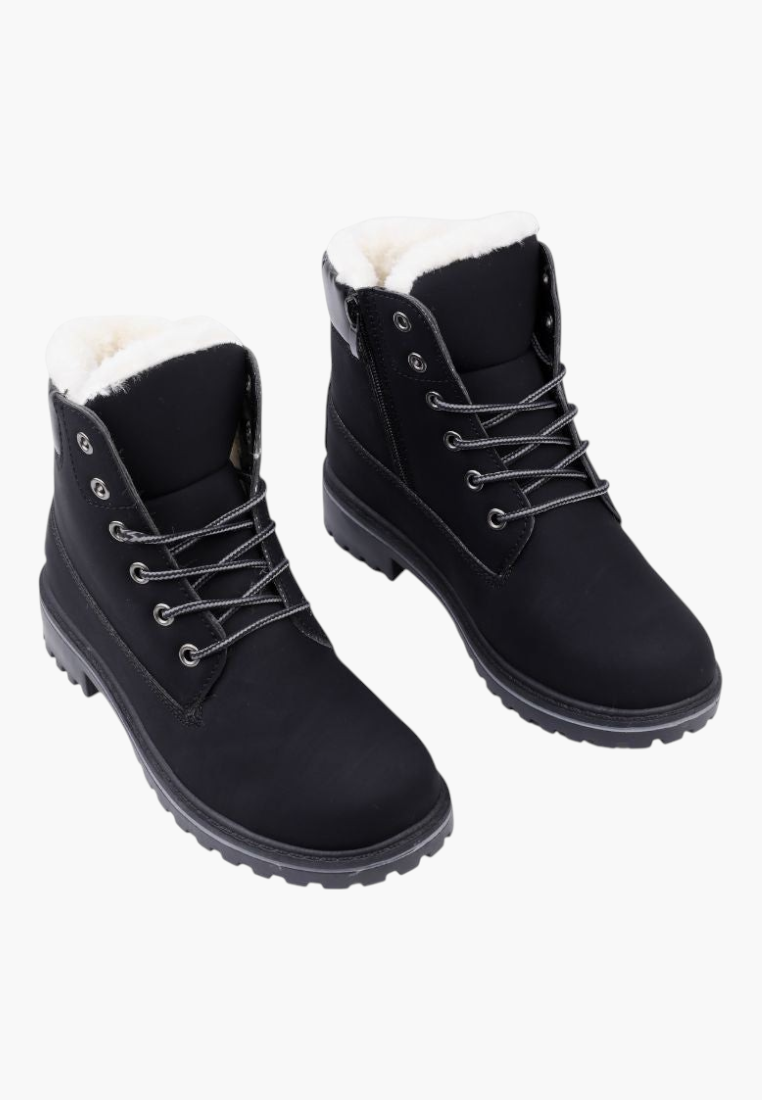 Falio black synthetic nubuck winter boots with white faux fur lining, lace-up front, side zipper, and thick sole.