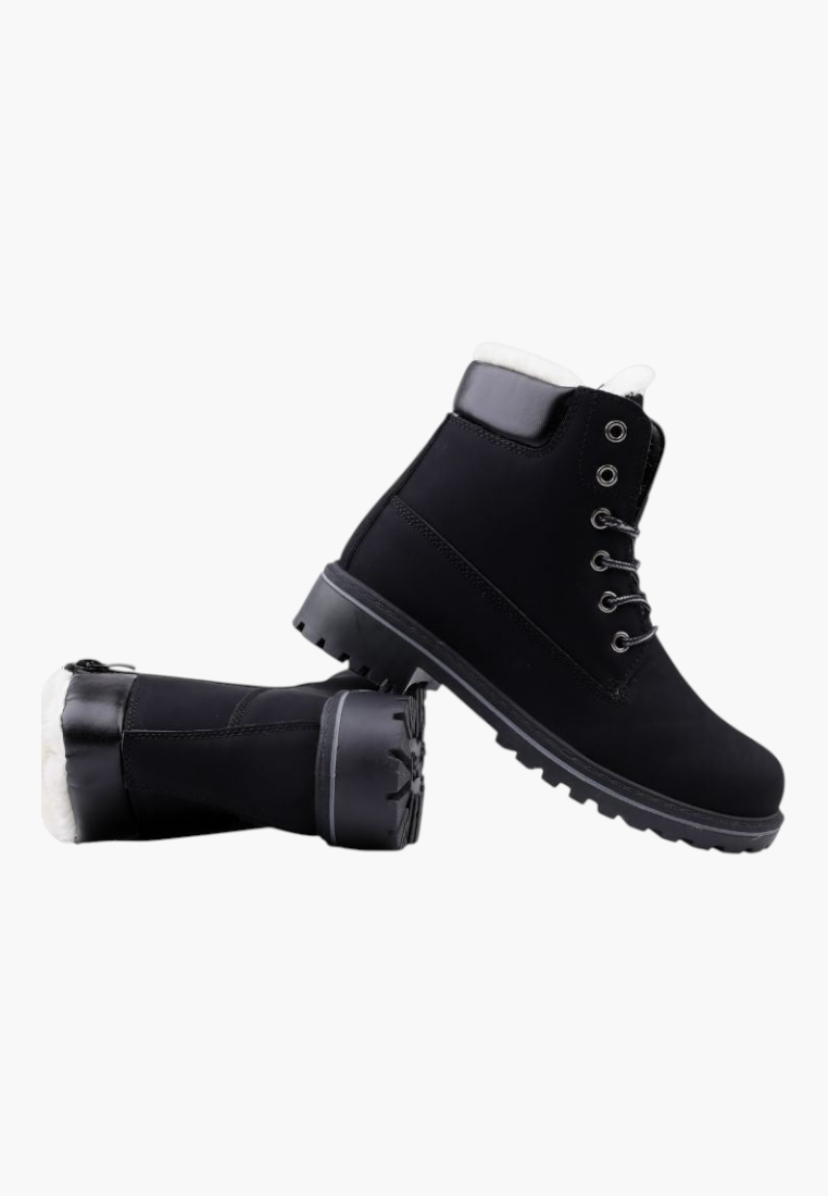 Falio black synthetic nubuck winter boots with faux fur lining, thick lug sole, and lace-up closure.