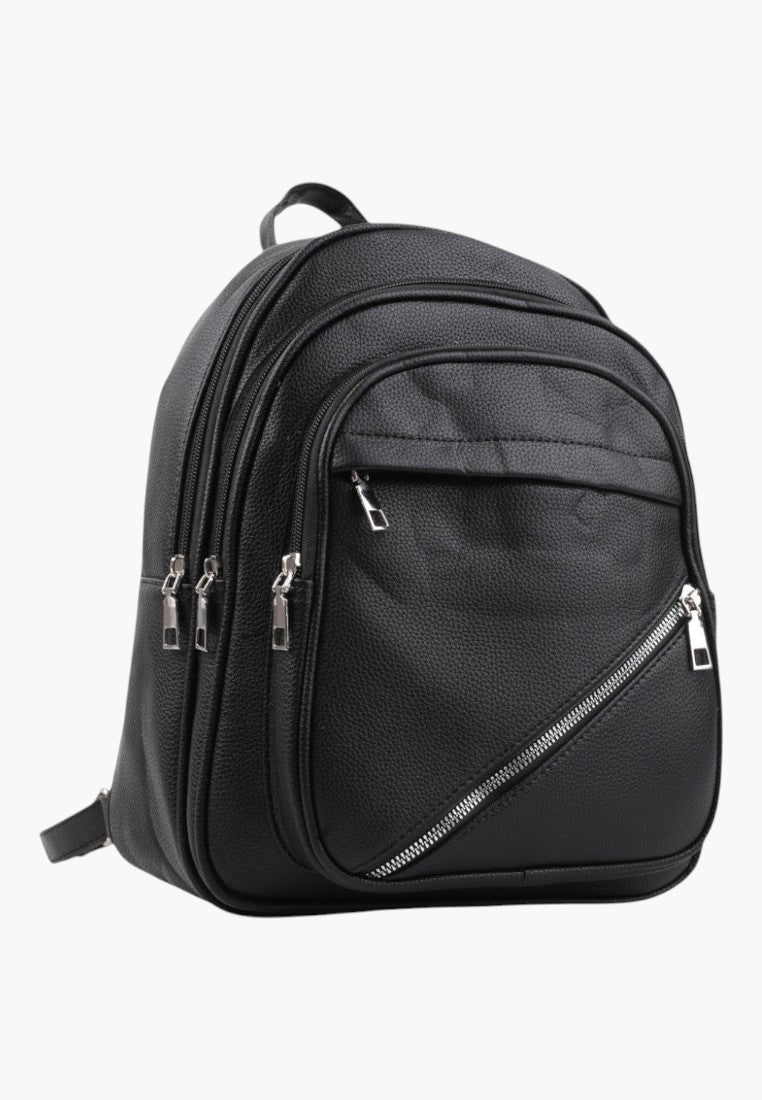 Falio black urban women's backpack with multiple zippered compartments and textured faux leather finish