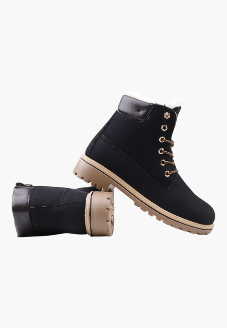 Falio women's black synthetic nubuck winter boots with faux fur lining, lace-up front, and thick lug sole.