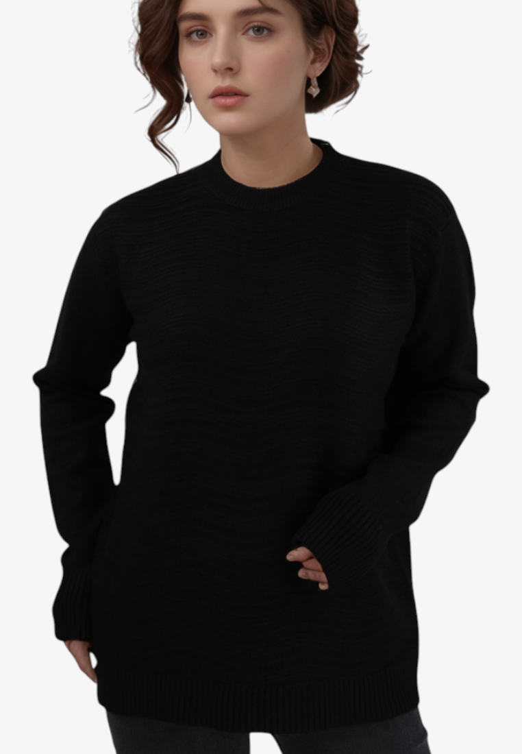 Falio black wool and cashmere blend sweater with a round neckline and long sleeves worn by a model.