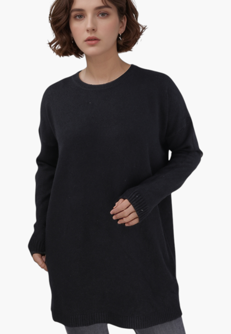Model wearing a Falio black wool and cashmere blend sweater with a round neckline and long sleeves