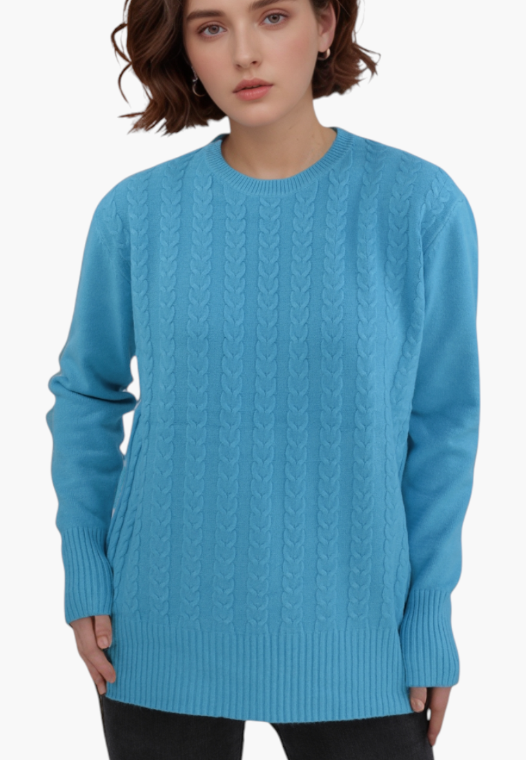 Falio blue wool and cashmere blend sweater with cable knit texture and round neckline worn by a woman