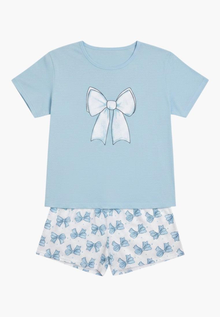 Falio light blue 100% cotton short sleeve pajama set with a large white bow graphic on the shirt and a bow print on the 3/4 length shorts.