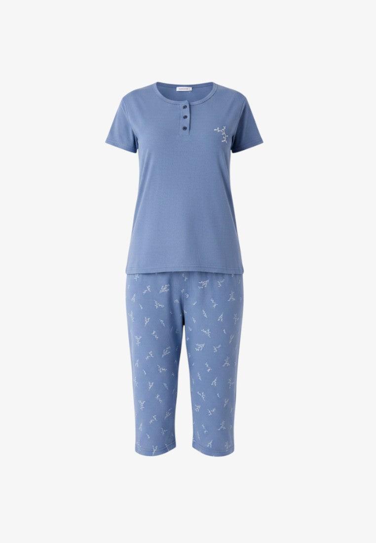 Falio blue cotton 3/4 sleeve pajama set with button-up neckline and all-over white pattern.