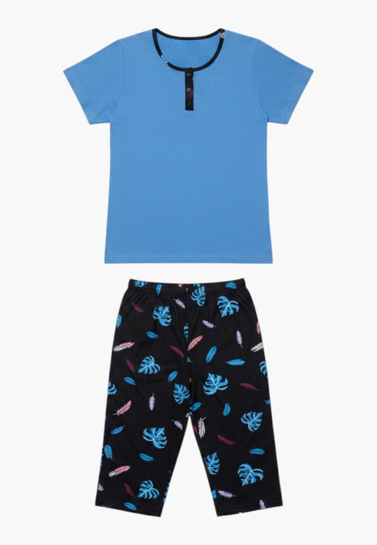 Falio women's blue 100% cotton short-sleeve pajama set with a round neckline and printed capri pants.