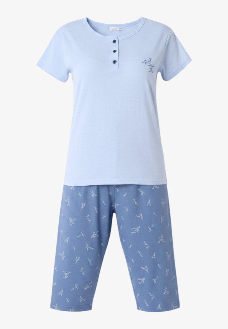 Falio light blue 100% cotton women's pajama set with short sleeves and 3/4 length pants featuring a subtle all-over print.