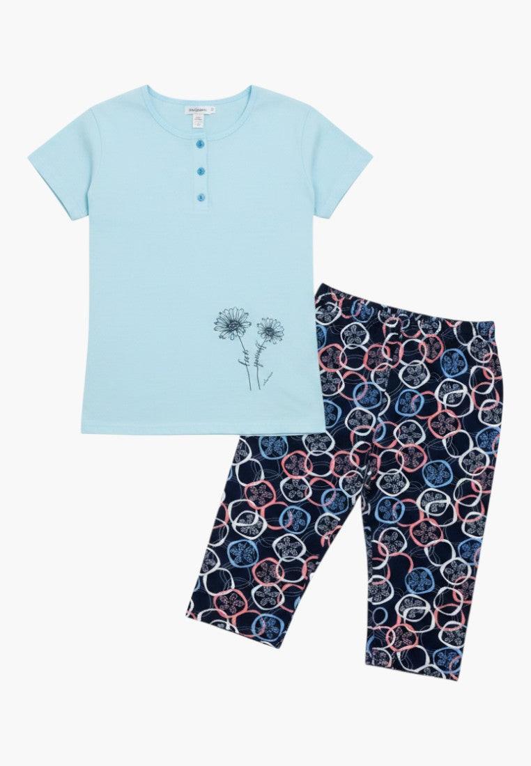Falio light blue cotton pajama set with short sleeves, round neck, and 3/4 patterned pants.