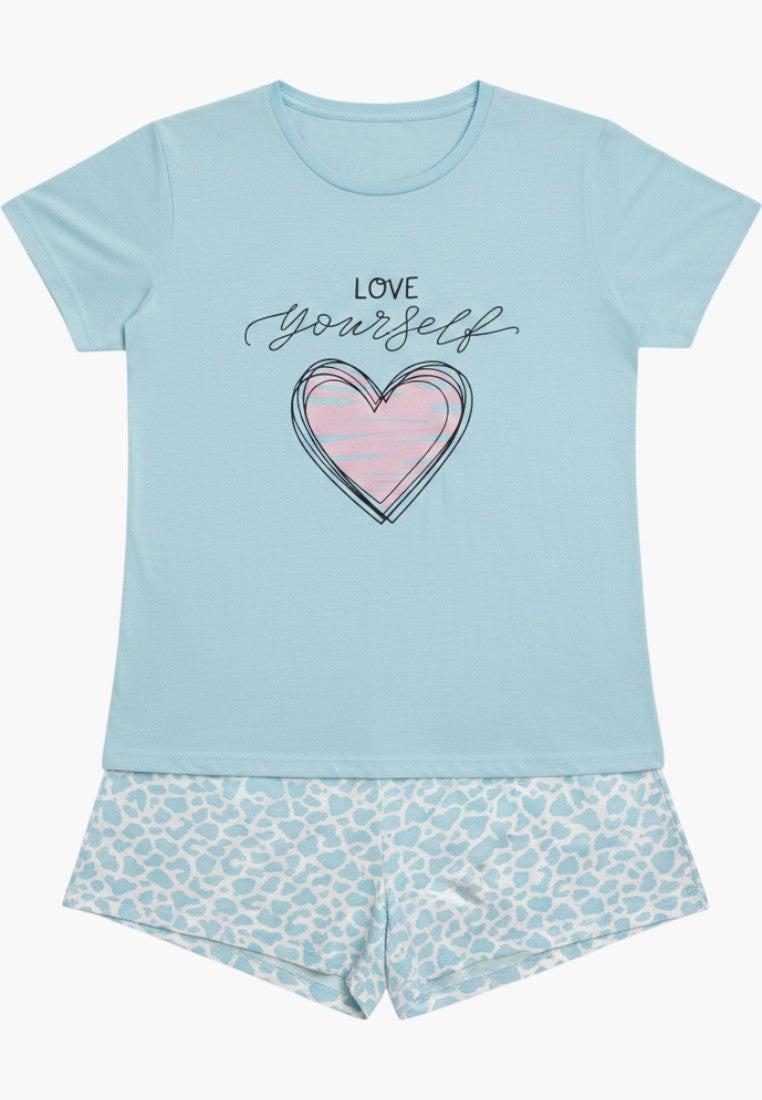 Falio light blue 100% cotton plus size pajama set with short sleeves, round neck, and 3/4 length shorts featuring a heart graphic and "Love Yourself" text.