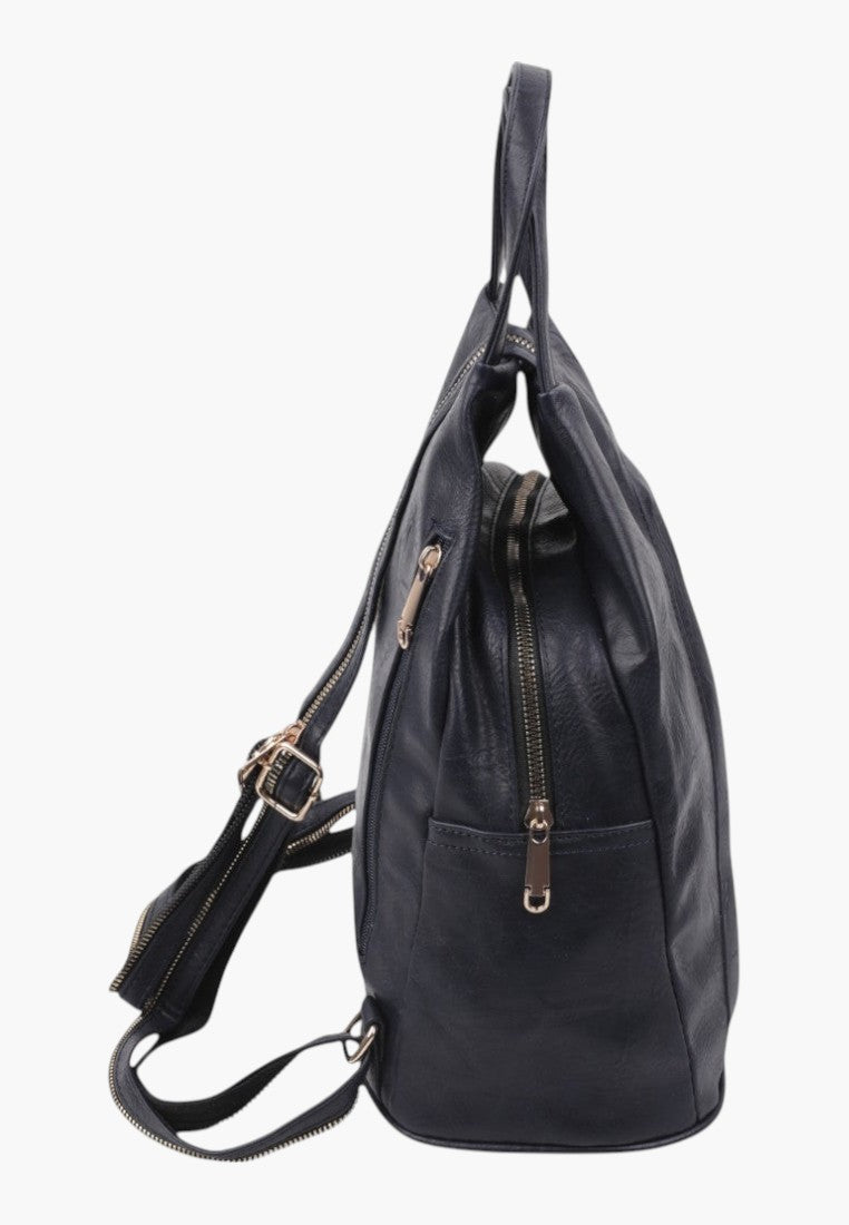 Falio small blue faux leather urban backpack with side zipper pockets and adjustable straps, side view