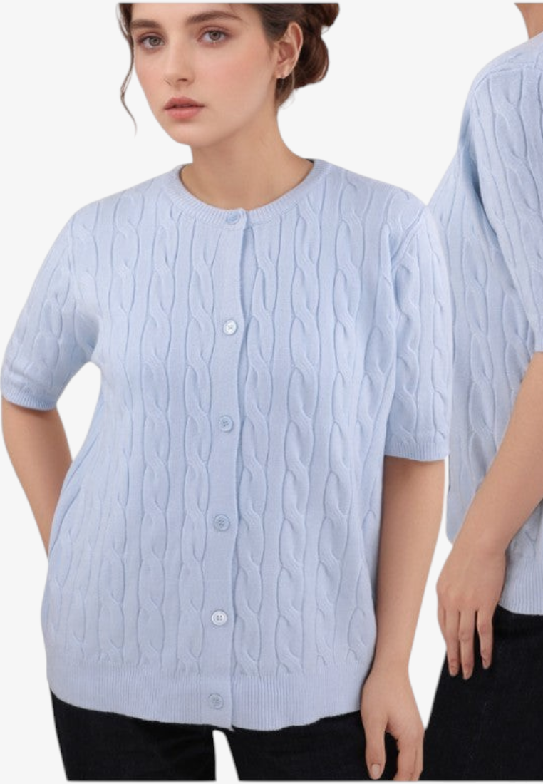Falio light blue short-sleeve viscose cardigan with a round neckline, button-down front, and cable knit texture.