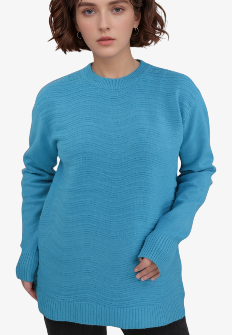 Falio blue wool and cashmere blend sweater with a round neck and textured wavy pattern worn by a woman