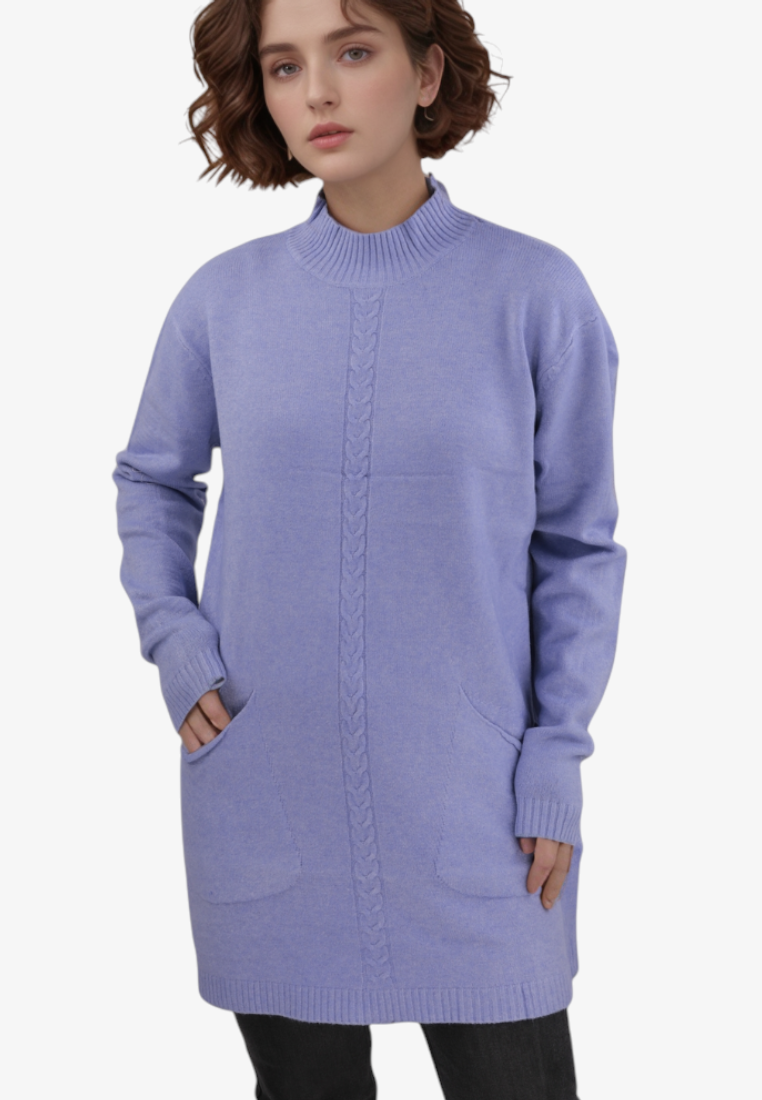 Falio plus size blue wool blend sweater with a mock neck, long sleeves, and cable knit detail on a model