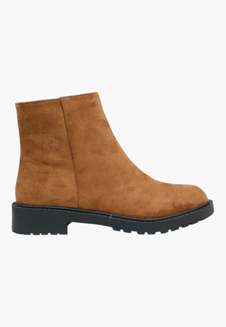 Falio Bonnaire brown suede ankle boots with a chunky black lug sole, side view
