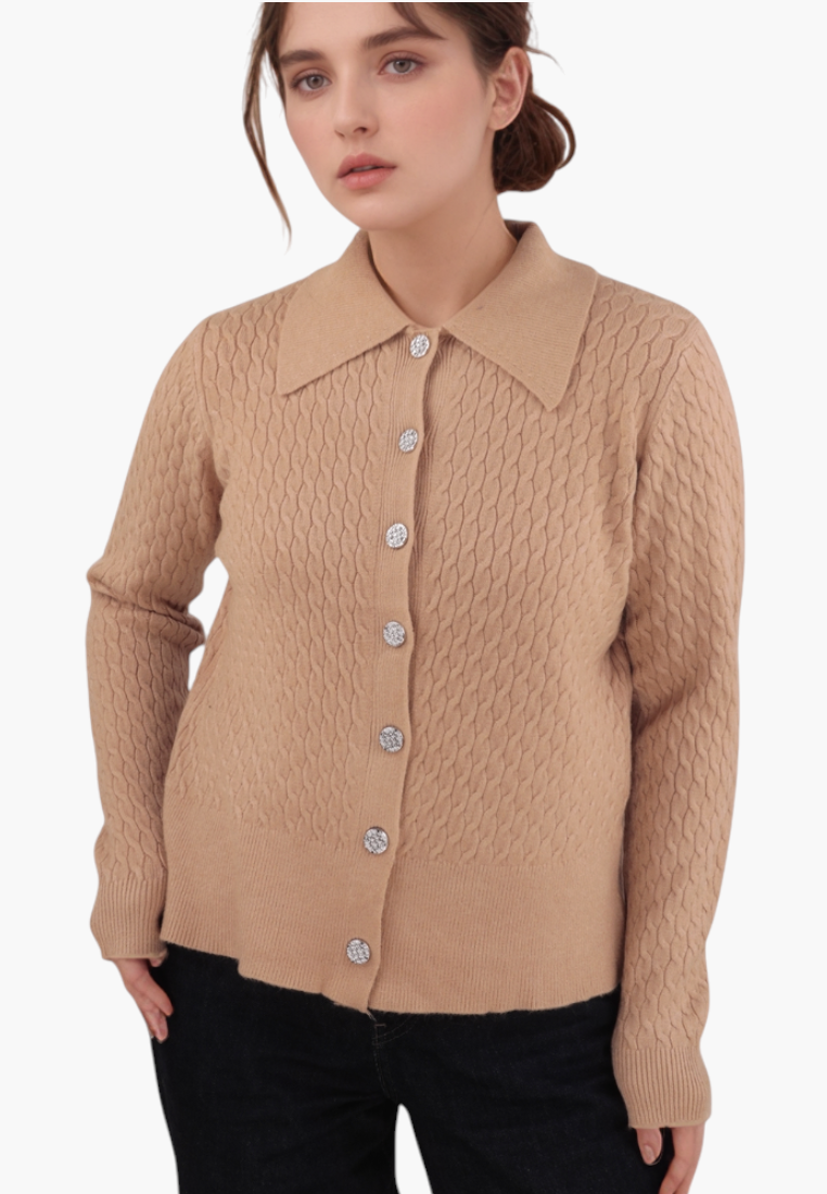 Falio brown button-up knit cardigan with a classic collar and textured cable knit pattern worn by a woman