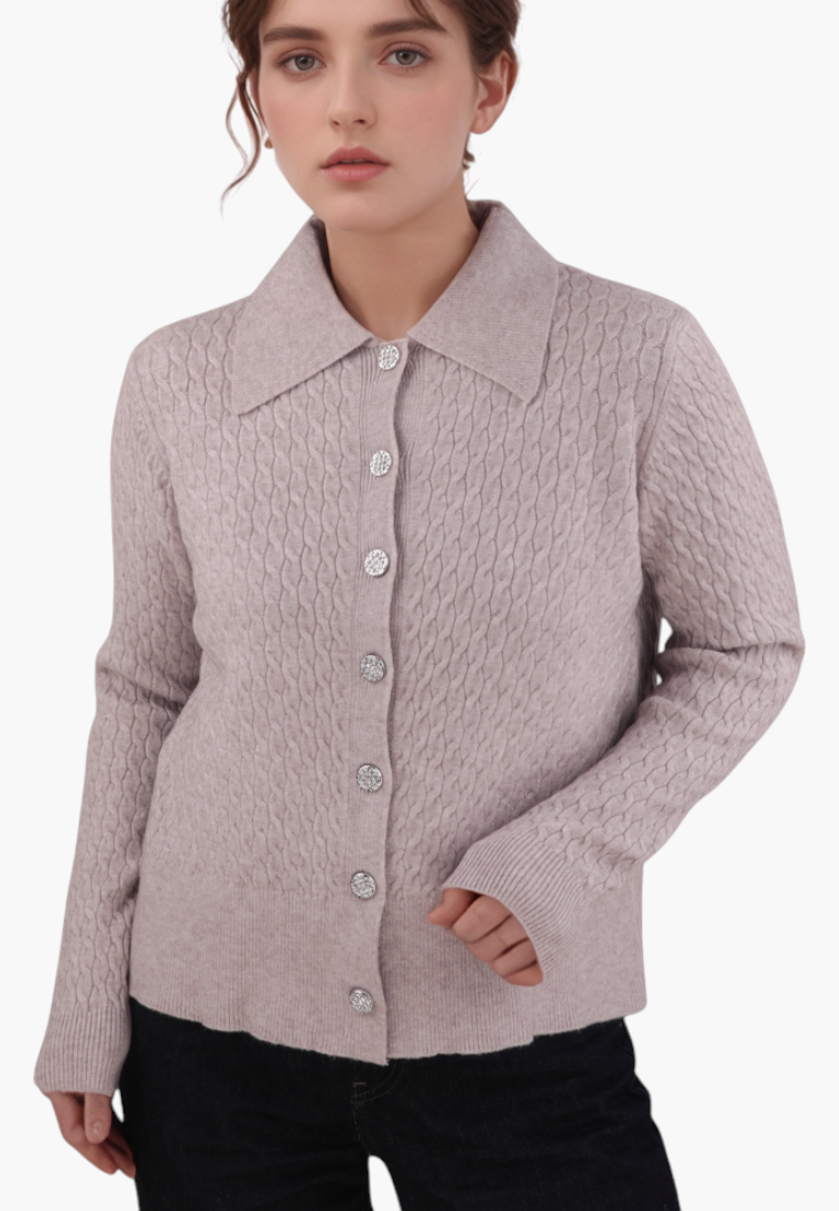 Falio brown button-up cardigan with a classic collar and textured knit pattern worn by a model.