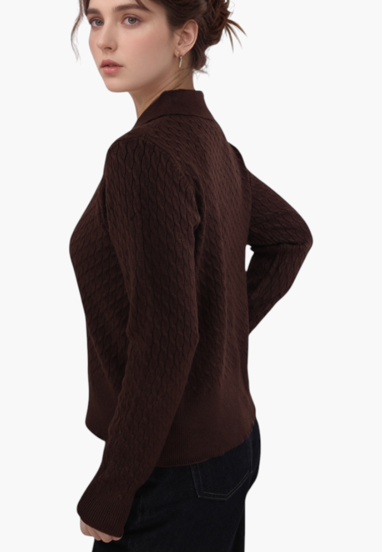Falio brown cable knit button-up cardigan with long sleeves worn by a woman, side view