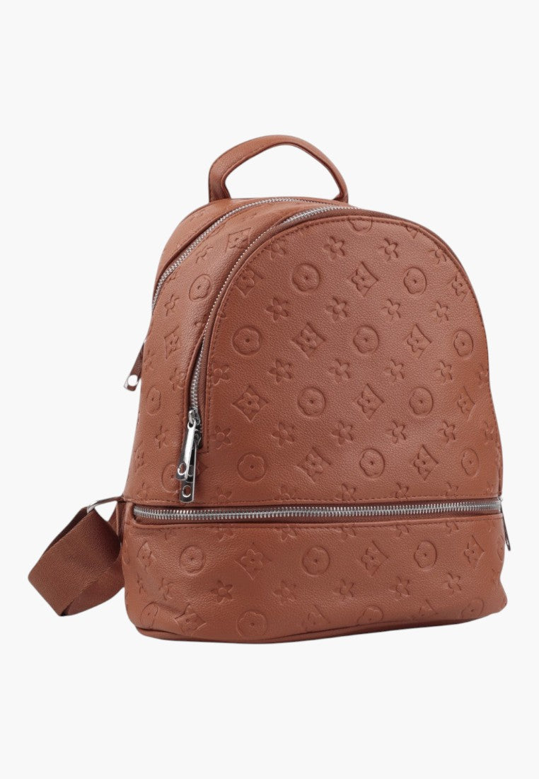 Falio brown urban women's backpack with embossed floral pattern, silver zippers, and a top handle.