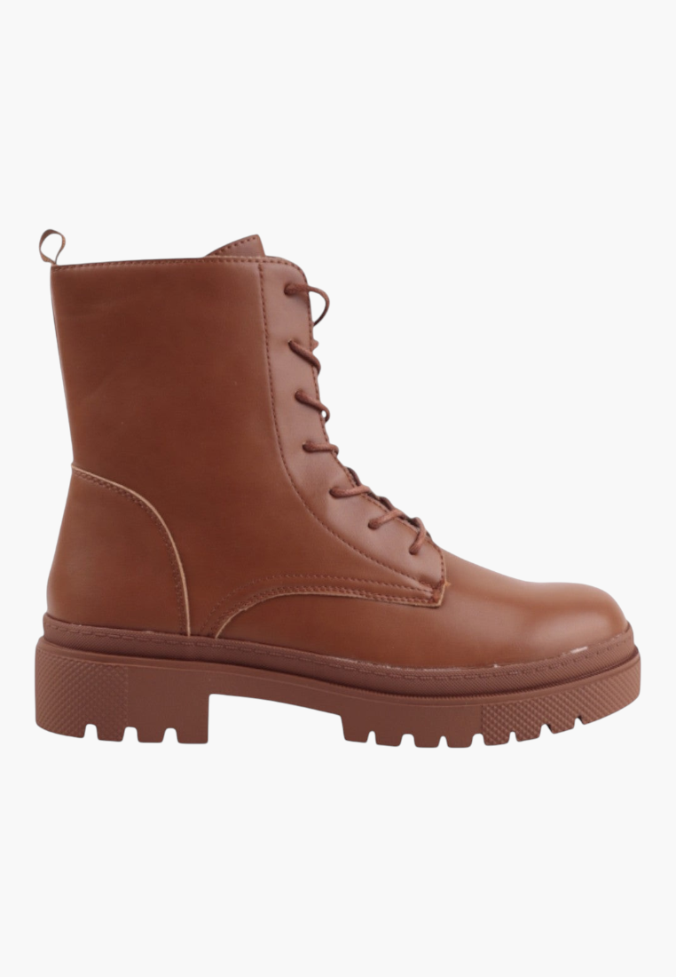 Falio brown faux leather ankle boots with lace-up closure and a chunky lug sole for autumn and winter wear.