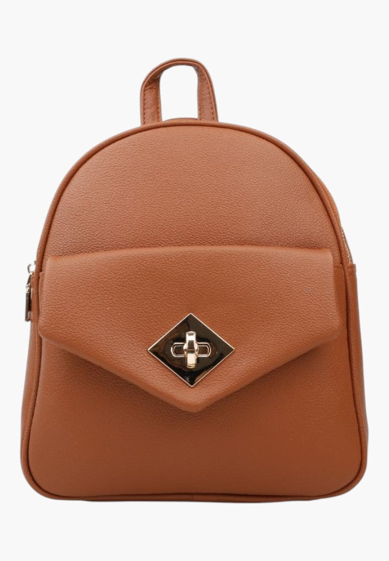 Falio brown faux leather urban backpack with a gold-tone metal turn-lock closure and front flap pocket