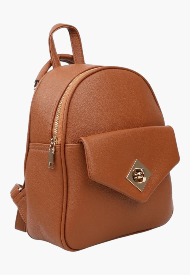 Falio brown faux leather urban backpack with a front flap pocket, gold hardware, and zipper closure.