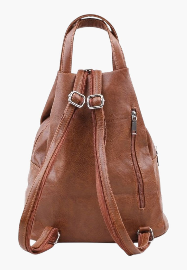 Falio brown faux leather urban backpack with adjustable straps and multiple zippered compartments