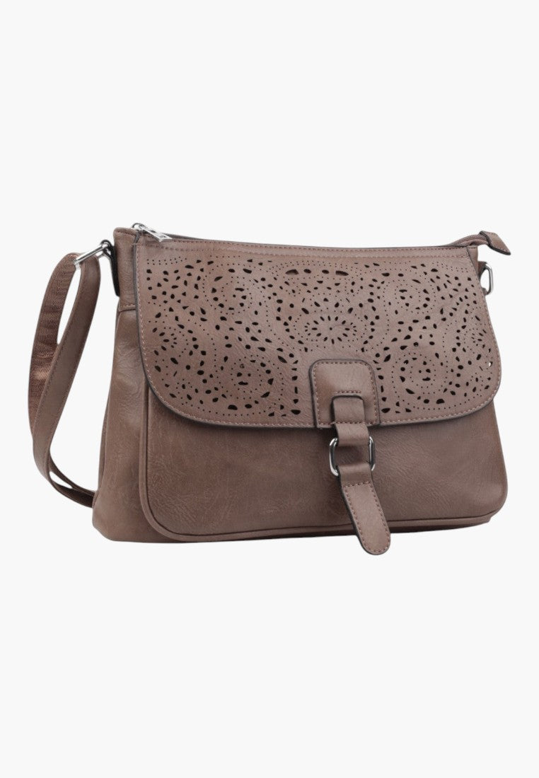 Falio brown crossbody messenger bag with a decorative laser-cut floral flap and adjustable shoulder strap
