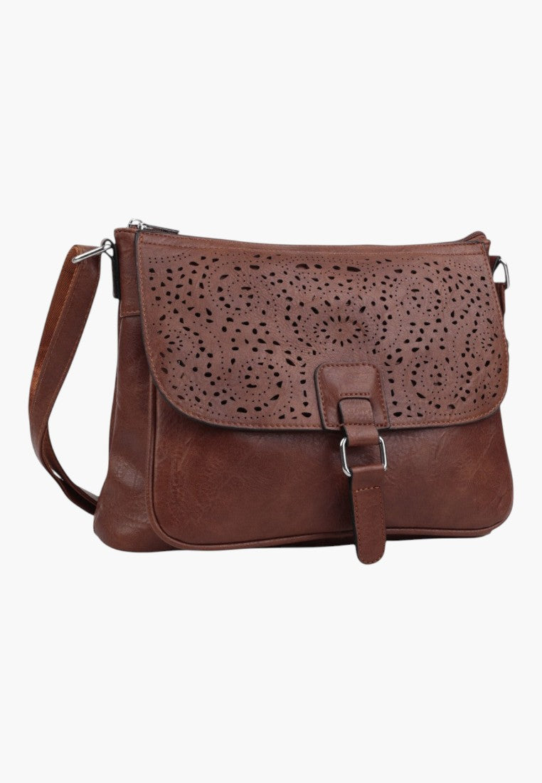 Falio brown leather crossbody bag with decorative laser-cut floral pattern on the flap and silver hardware
