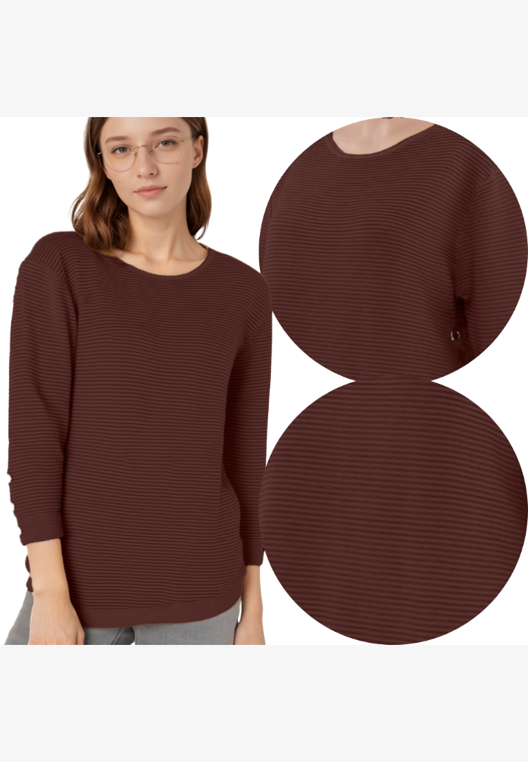 Falio women's dark brown ribbed long-sleeve sweater with a round neckline, worn by a model.