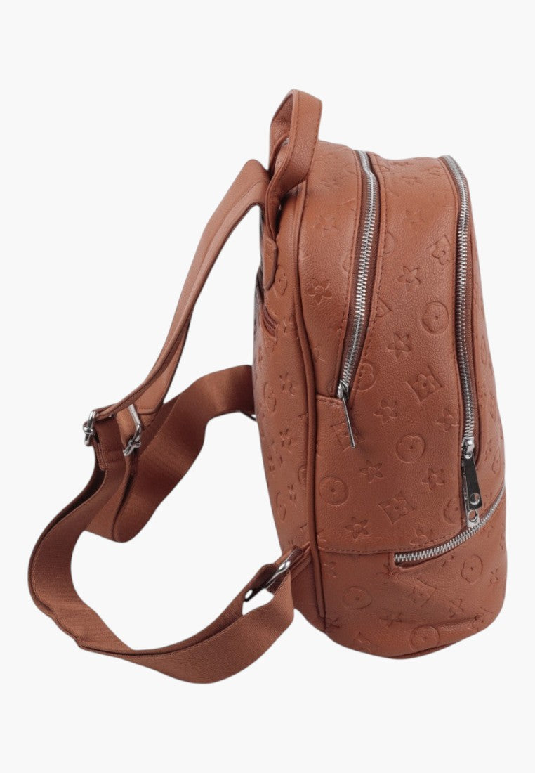 Falio brown urban women's backpack with embossed floral pattern and silver zippers, side view