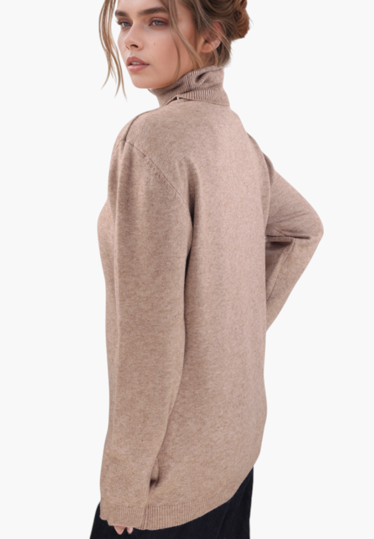 Model wearing a Falio brown viscose blend long-sleeve sweater with a mock neck, side view against a white background.