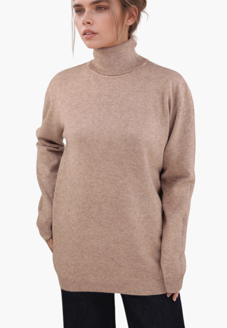 Model wearing a Falio brown viscose blend long-sleeve sweater with a mock neck, styled for a classic look.