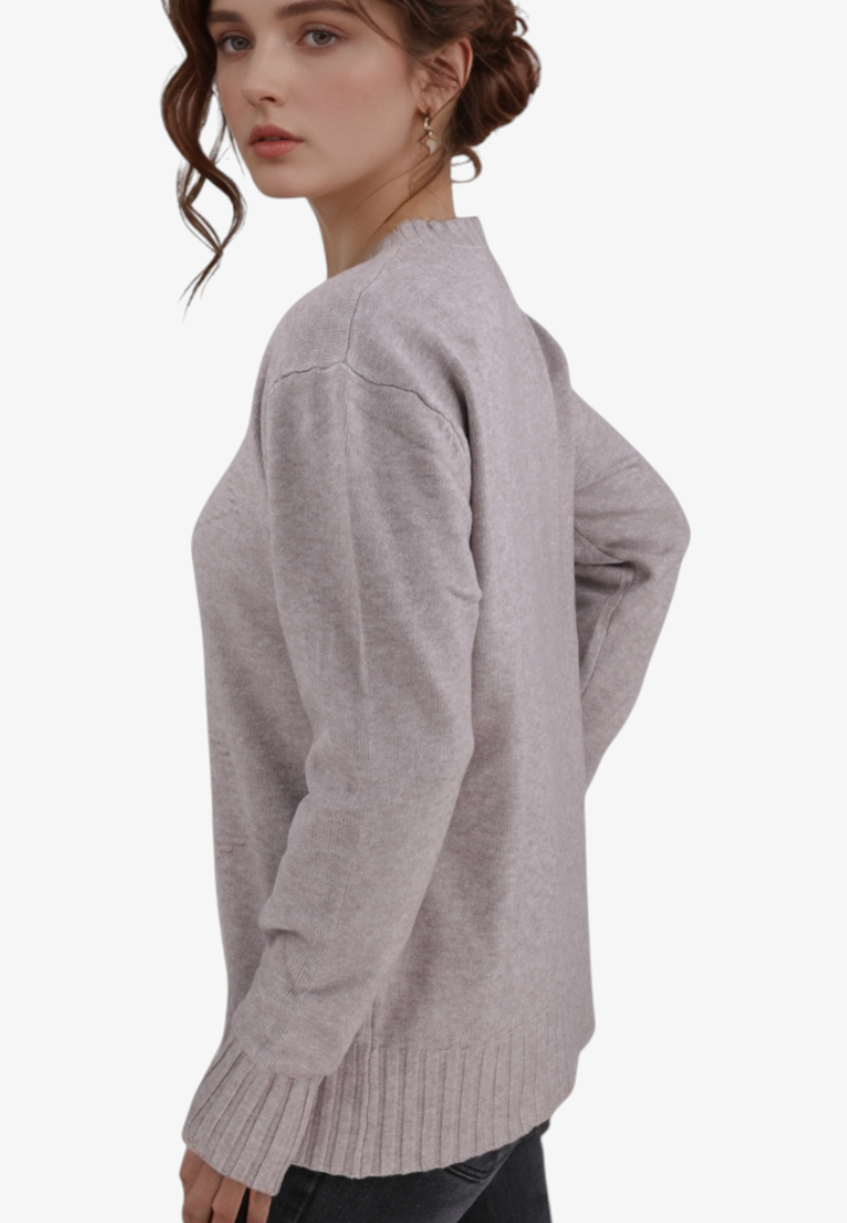 Falio brown wool blend long-sleeve sweater with a round neckline worn by a model, side view