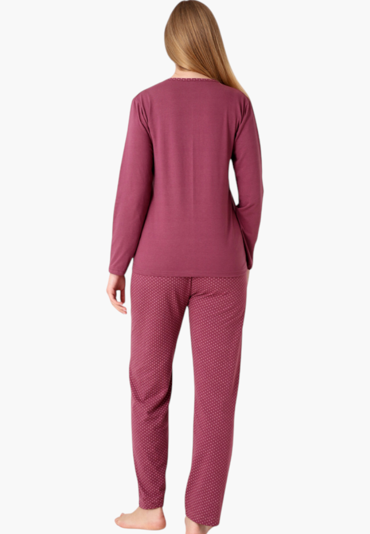 Falio women's insulated cotton pajama set in burgundy with long sleeves and polka dot trousers, back view.