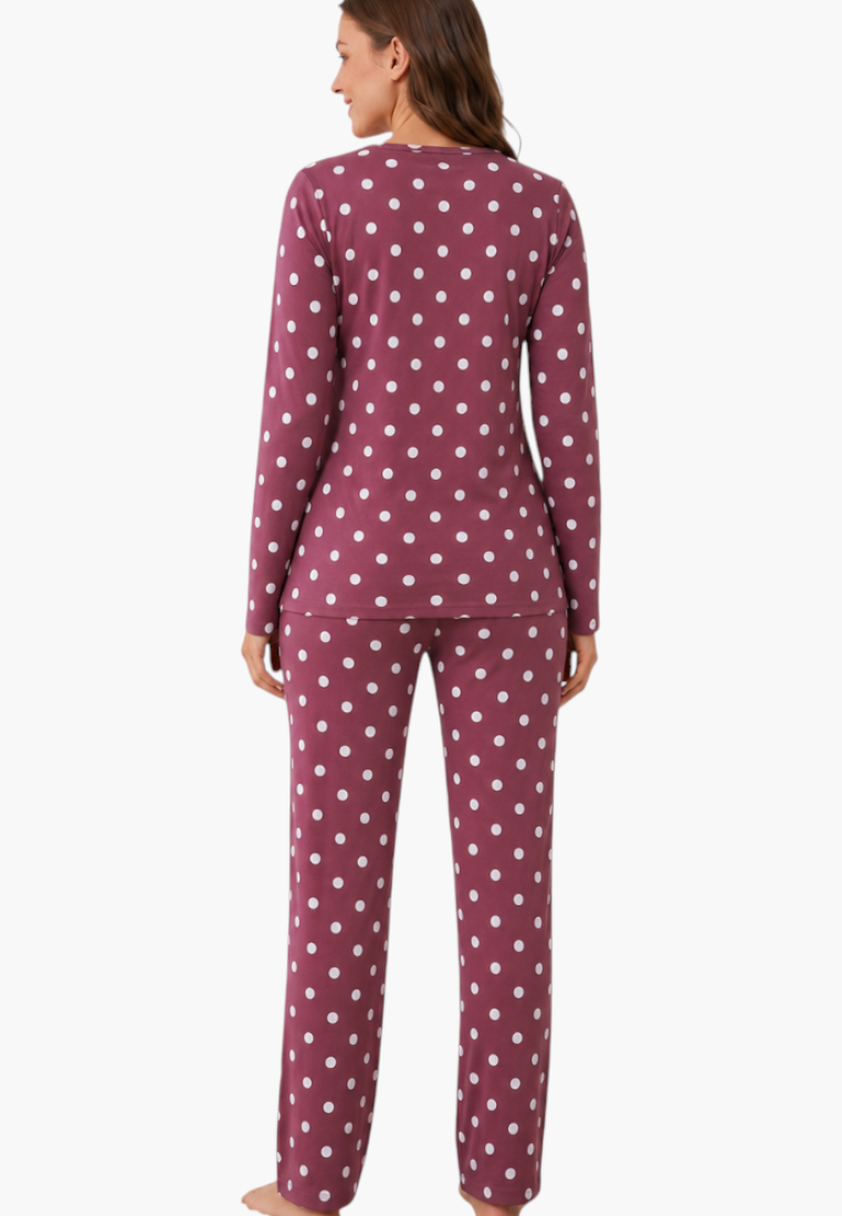 Falio women's insulated cotton pajama set in burgundy with white polka dots, featuring long sleeves and round neck.