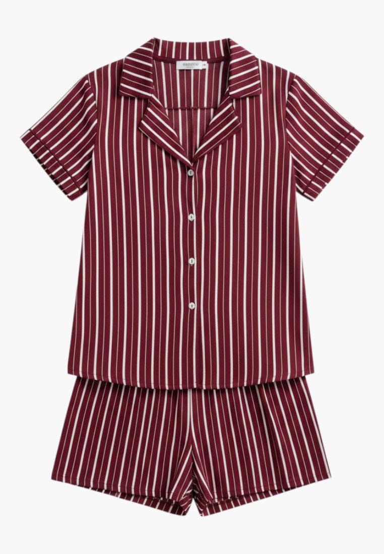 Falio women's burgundy and white striped 100% cotton pajama set with short sleeves and shorts.