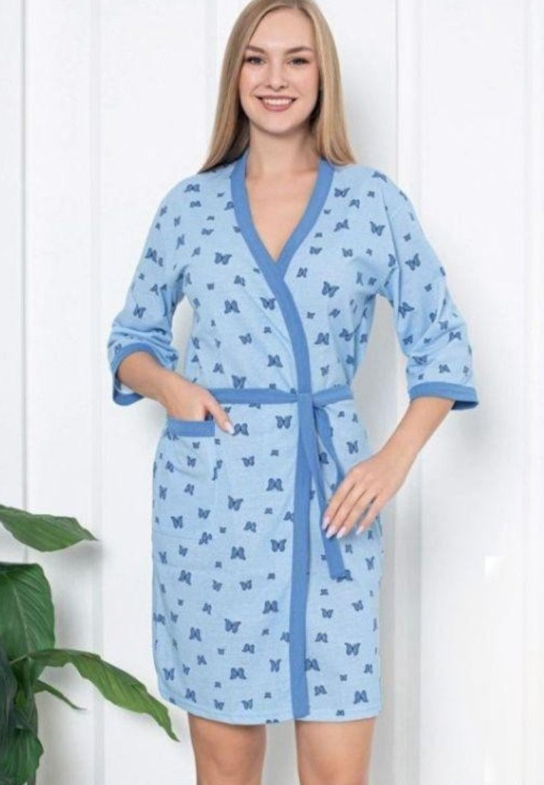 Falio cotton women's robe in light blue with butterfly print, short sleeves, pockets, and tie waist.