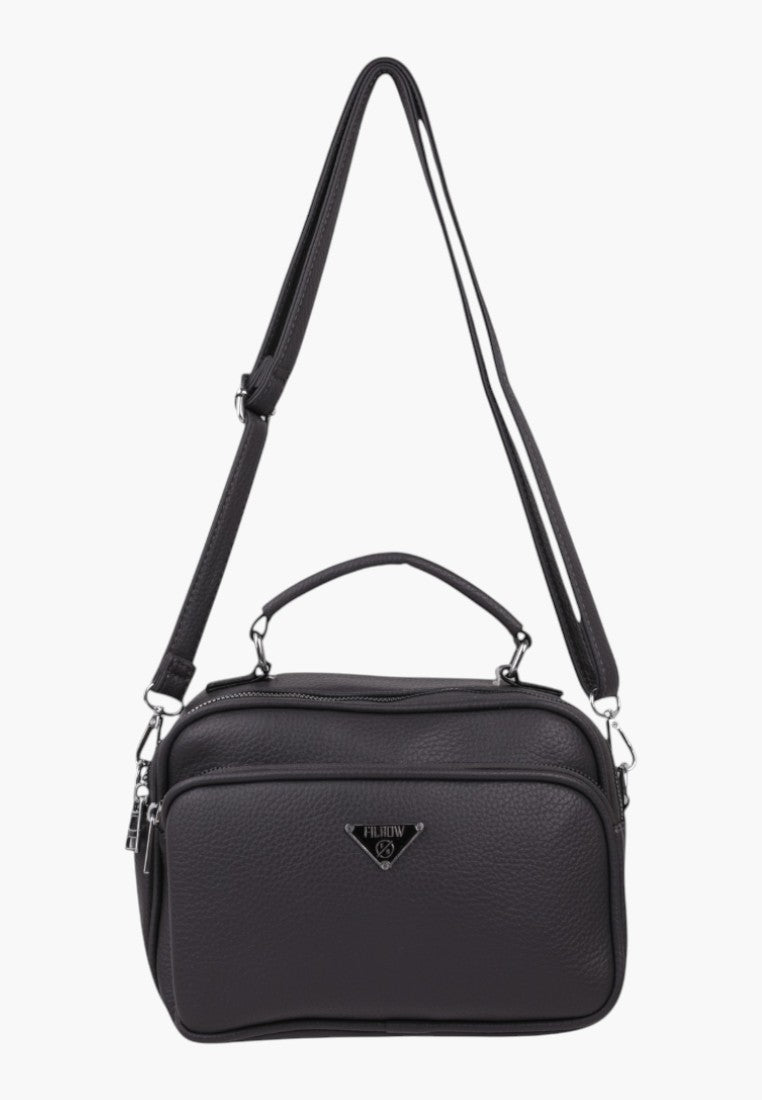 Falio dark grey faux leather crossbody bag with top handle, multiple compartments, and silver logo plaque.