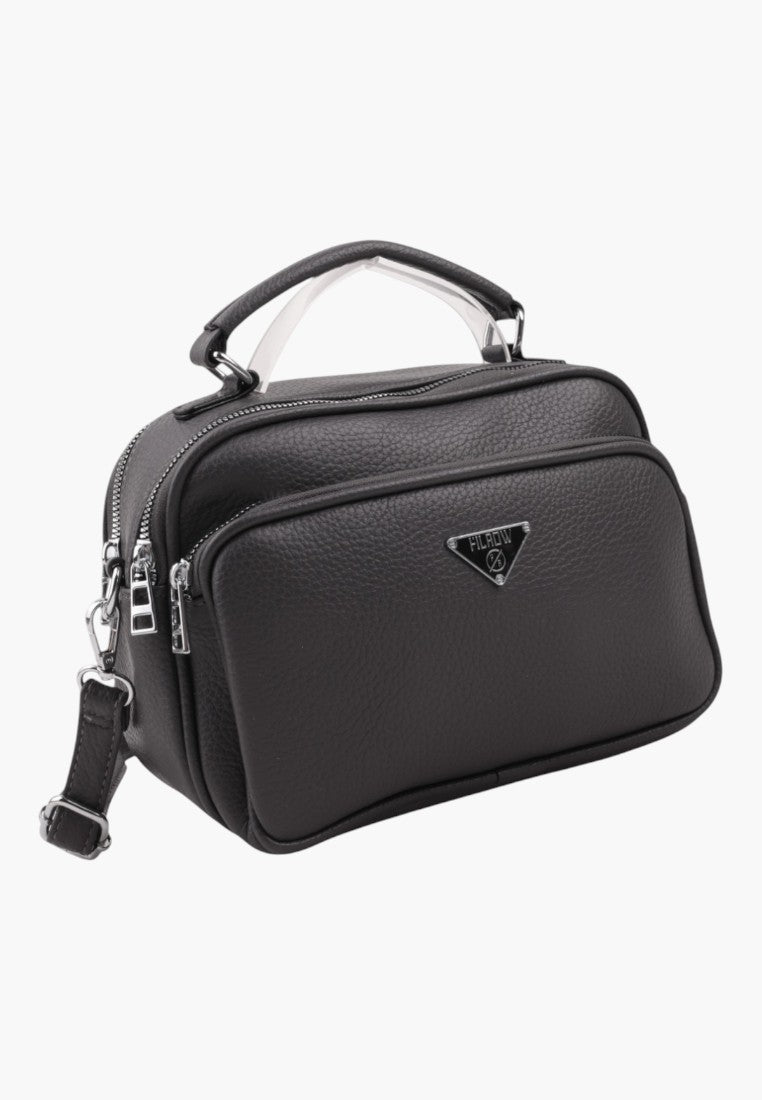 Falio dark grey faux leather crossbody bag with top handle, multiple zippered compartments, and silver logo plaque.