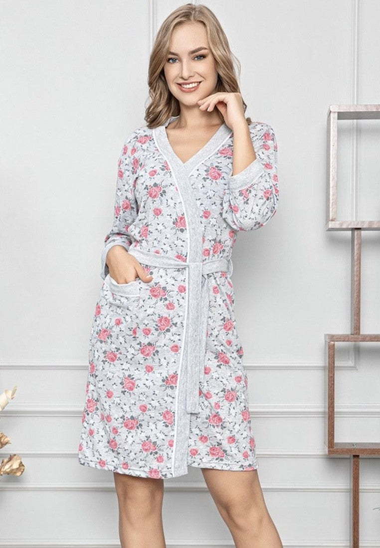 Falio cotton women's robe with short sleeves, floral print, and tie waist, worn by a smiling model.