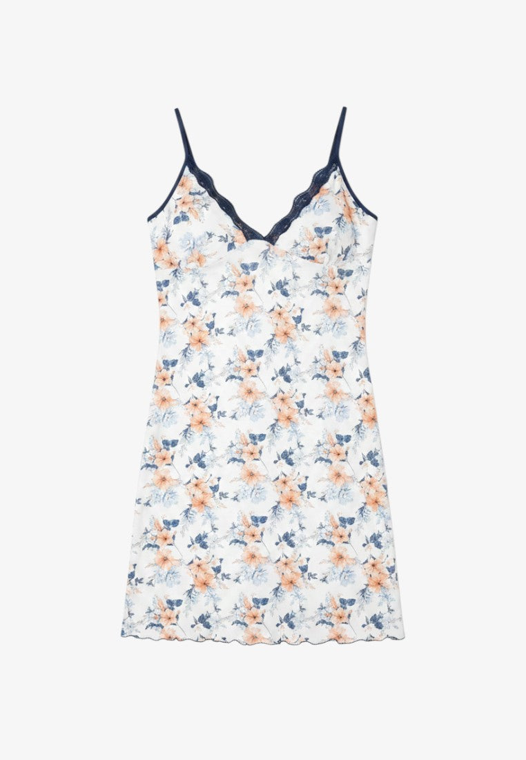 Falio floral viscose nightgown with V-neck, spaghetti straps, and lace trim in a knee-length, comfortable fit.