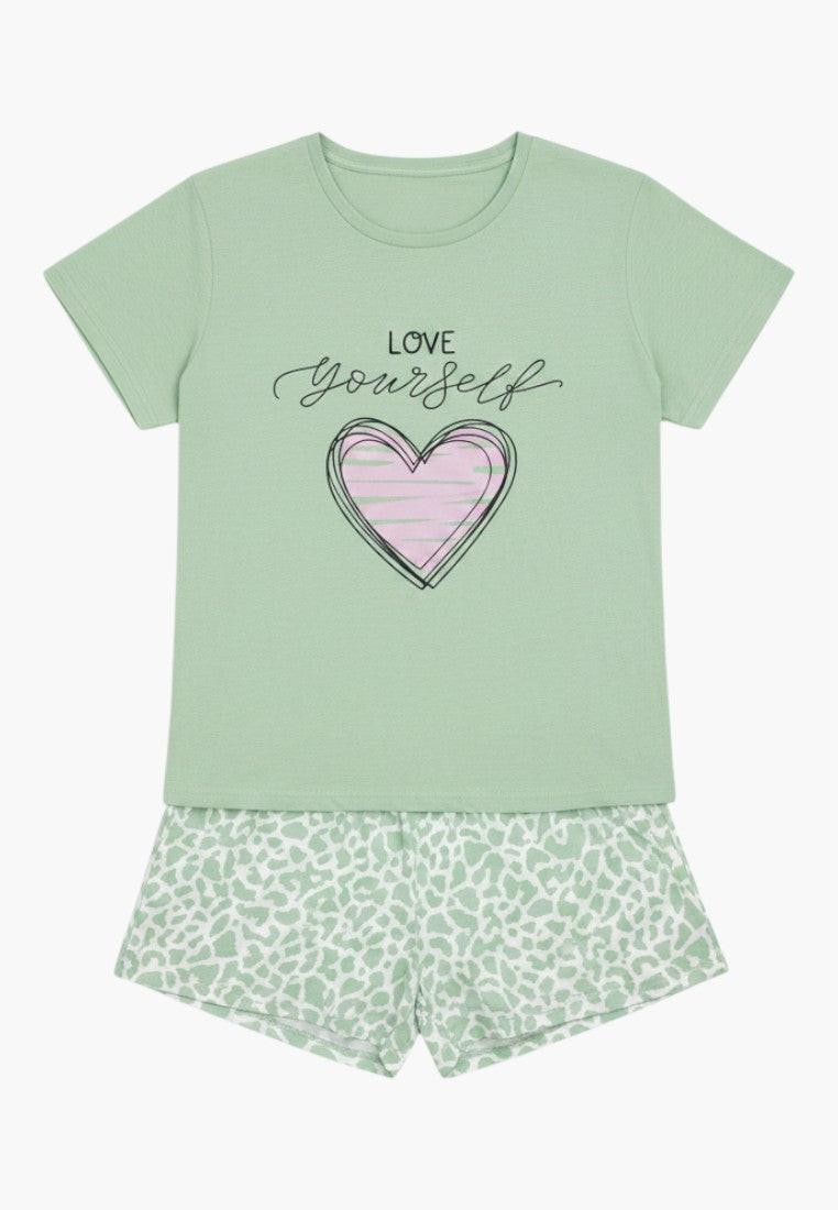 Falio women's light green 100% cotton pajama set with short sleeves, round neck, and heart graphic. Patterned shorts.