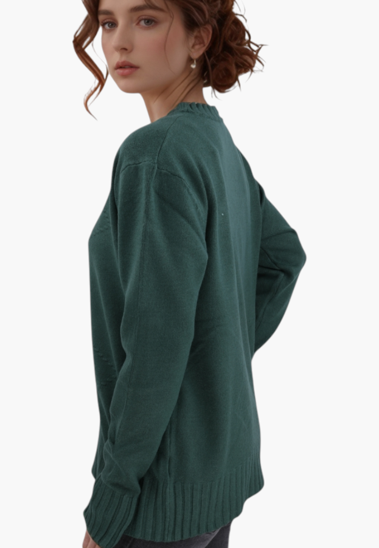 Falio green wool-blend sweater with a round neckline worn by a woman in a side profile view
