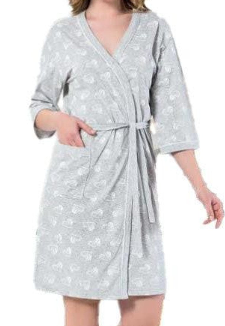 Falio cotton women's robe in light grey with a white heart pattern, featuring short sleeves and a tie waist.