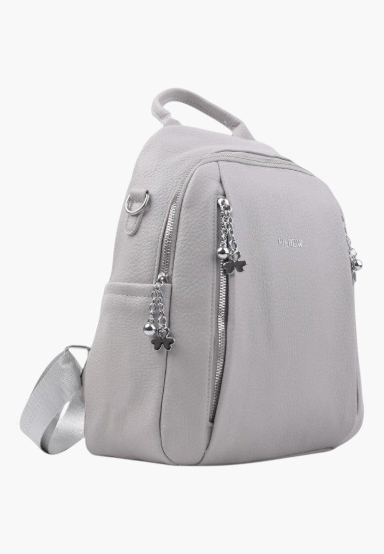 Falio grey urban women's backpack made of eco-leather with A4 capacity, multiple pockets, and silver zipper details.
