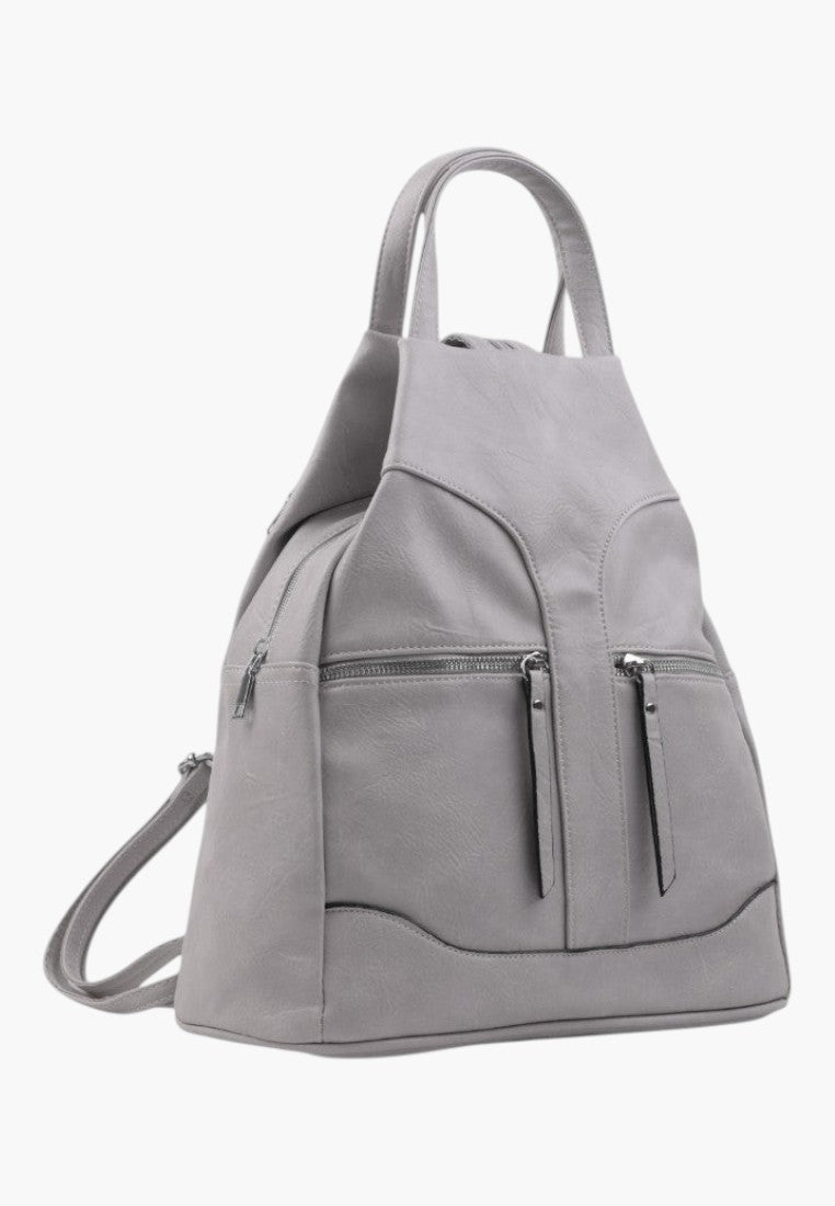 Falio grey urban backpack made of eco-leather with multiple zippered compartments and a stylish compact design.