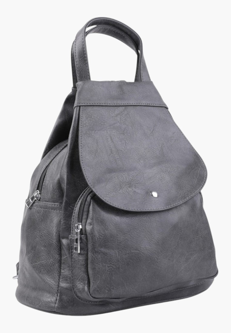 Falio grey faux leather A4 urban backpack with zipper closures and multiple pockets for daily use