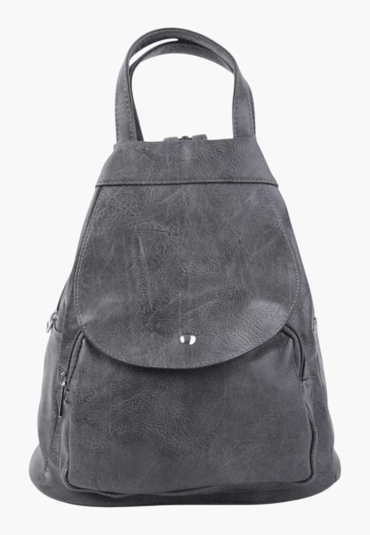 Falio grey faux leather urban backpack with a spacious A4 compartment, multiple pockets, and secure zipper closure.
