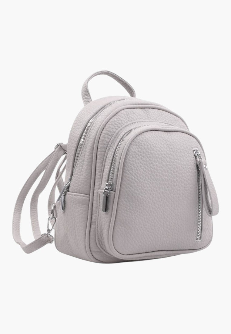 Falio grey faux leather mini urban backpack with multiple zippered pockets and adjustable straps